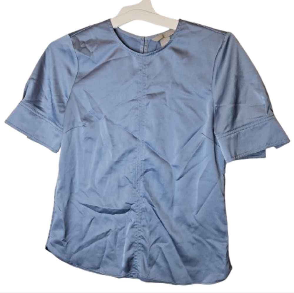 🎁 H&M Elegant Women Satin Blouse Women Size Xs Solid Blue Short Sleeves